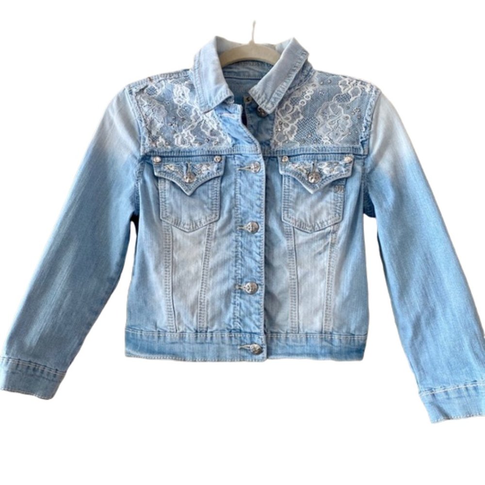 MISS ME Cropped Denim Jacket w/ Lace & Rhinestones